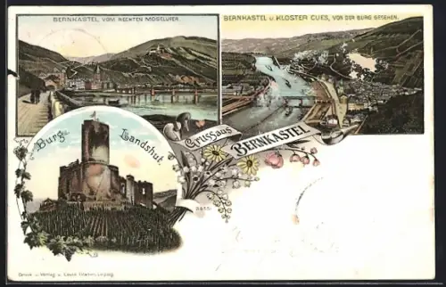 Lithographie Bernkastel /Mosel, Burg Landshut, Ortsansicht vom rechten Moselufer und von der Burg