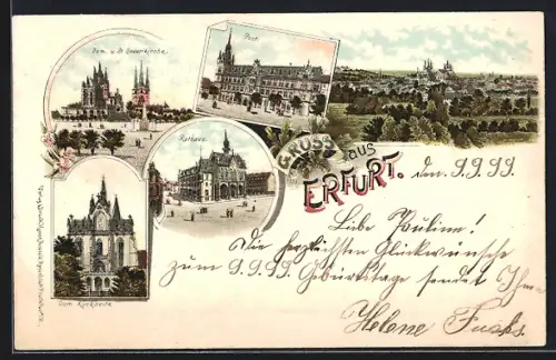 Lithographie Erfurt, Post, Rathaus, Dom und St. Severkirche