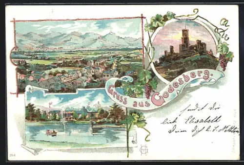 Lithographie Godesberg, Totalansicht, Burg, See