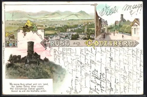 Lithographie Godesberg, Blick auf den Ort und die Burg