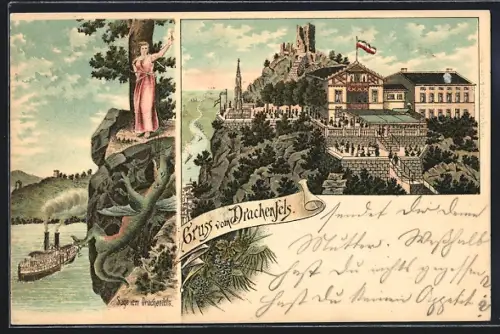 Lithographie Königswinter, Sage vom Drachenfels, Gasthaus Drachenfels