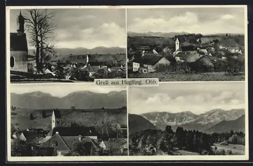 AK Huglfing /Obb., Ortsansicht aus der Vogelschau, Gipfelpanorama