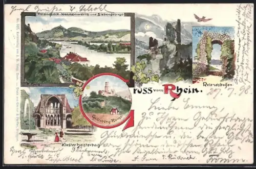 Lithographie Rolandseck, Ortsansichten, Drachenfels, Rolandsbogen, Siebengebirge