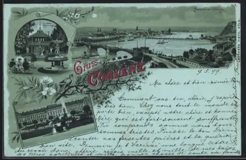 Mondschein-Lithographie Koblenz, Trinkhalle in den Rheinanlagen, Schloss und Rheinpartie mit Brücke