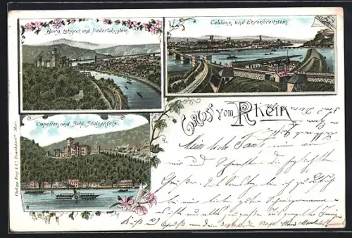 Lithographie Koblenz, Stadtansicht und Ehrenbreitstein, Burg Lahneck und Schloss Stolzenfels