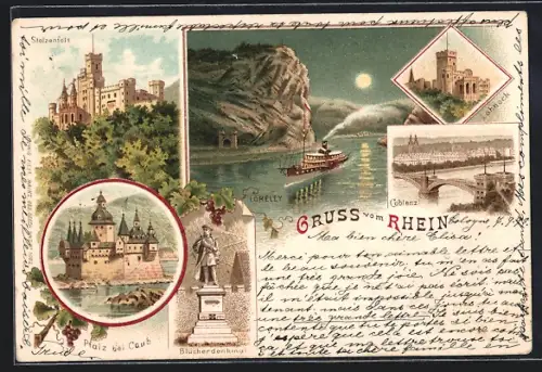 Lithographie Coblenz, Stolzenfels, Loreley, Pfalz bei Caub, Blücherdenkmal, Lahneck