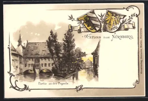 Lithographie Nürnberg, Partie an der Pegnitz, Wappen