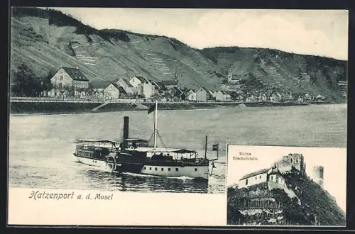 AK Hatzenport a. d. Mosel, Ruine Bischofstein, Dampfer auf der Mosel