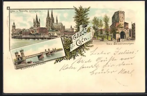 Lithographie Köln, Eisenbahnbrücke, Severinstor und Schiffbrücke
