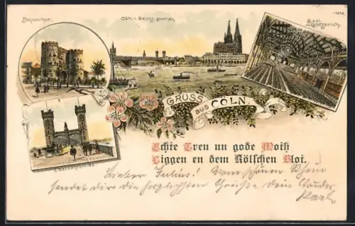 Lithographie Köln, Eisenbahnbrücke, Saal im Gürzenich, Blick zum Dom