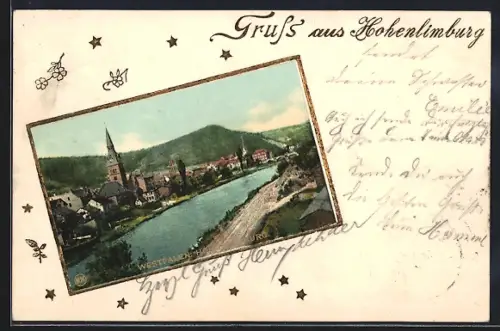 AK Hohenlimburg i. Westf., Ortsansicht und Flusspartie aus der Vogelschau