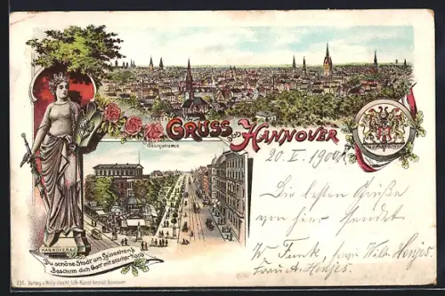 Lithographie Hannover, Georgstrasse, Stadtpanorama