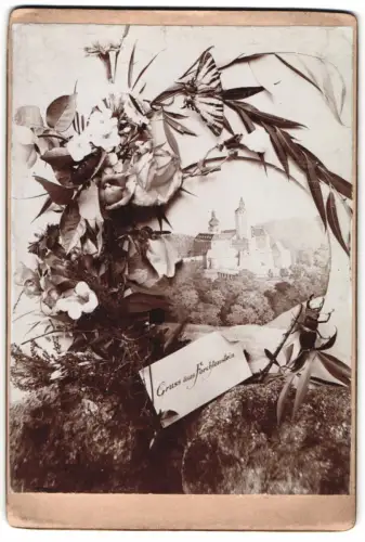 Fotografie unbekannter Fotograf, Ansicht Forchtenstein, malerische Szenerie mit Burg Forchtenstein und floralen Elemente