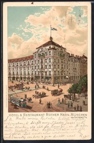 Lithographie München, Hotel & Restaurant Rother Hahn, Karlsplatz
