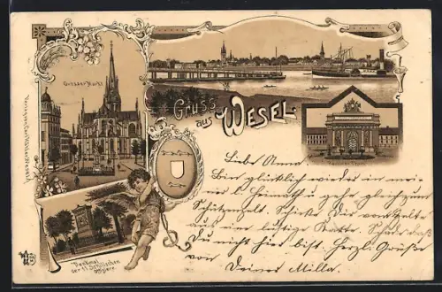 Lithographie Wesel / Rhein, Grosser Markt, Panorama, Berliner Tor