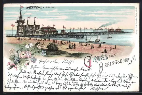 Lithographie Heringsdorf / Ostsee, Kaiser-Wilhelm-Brücke, Badegäste am Strand