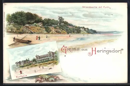 Lithographie Heringsdorf / Ostseebad, Strandpartie mit Kulm, Kurhaus