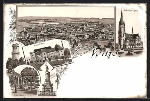 Lithographie Witten, Haus Witten, Voss-Garten, Gedächtniskirche, Ortsansicht