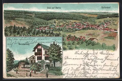 Lithographie Bad Berka, Gasthof Rauschenburg, Ortsansicht aus der Vogelschau