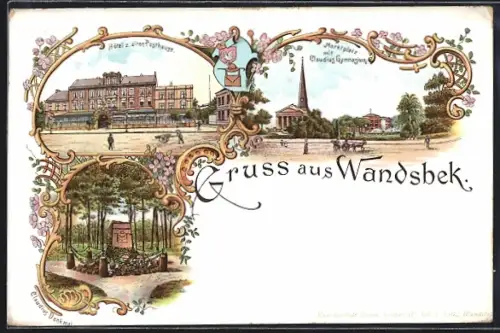 Lithographie Hamburg-Wandsbek, Hotel z. alten Posthause, Marktplatz, Claudius-Gymnasium