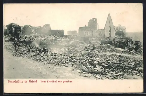 AK Ilsfeld, Brandstätte vom Friedhof aus gesehen