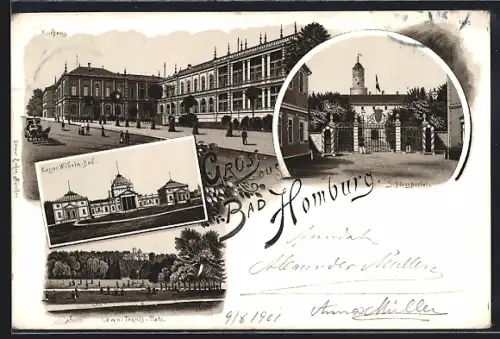 Lithographie Bad Homburg, Kurhaus, Schlossportal, Kaiser Wilhelm-Bad