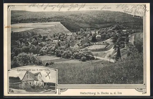 AK Hetschburg b. Berka, Gasthof von R. Ketterl, Ortspanorama