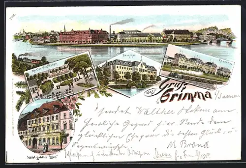 Lithographie Grimma, Totalansicht, Kaserne, Seminar, Hotel goldener Stern