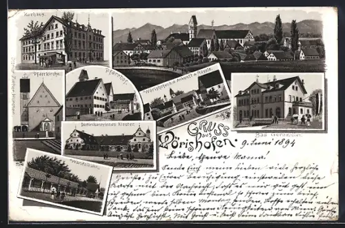 Vorläufer-Lithographie Wörishofen, 1894, Kurhaus, Pfarrhaus, Wandelbahn