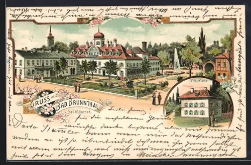 Lithographie Bad Brunnthal b. München, Villa Maria, Ortsansicht mit Park