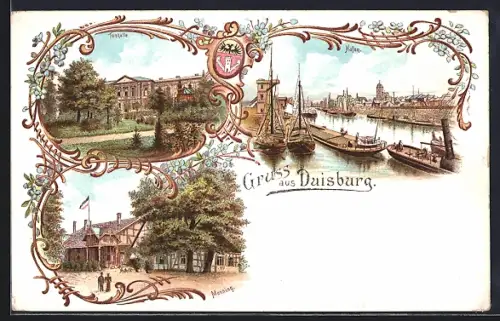 Lithographie Duisburg, Restaurant Monning, Tonhalle, Hafen