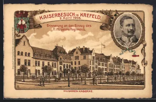 Lithographie Krefeld, Kaiserbesuch am 2. April 1906, Husaren-Kaserne