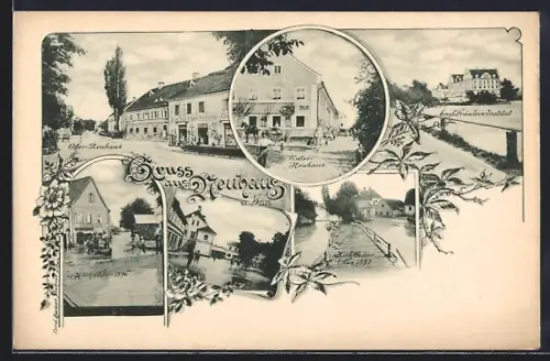 AK Neuhaus / Inn, Engl. Fräulein Instittut, Strassenpartie in Unter-Neuhaus, Hochwasser 1896