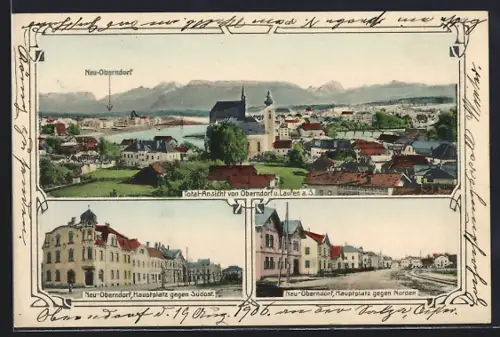 AK Oberndorf, Hauptplatz, Ortsansicht mit Neu-Oberndorf und Laufen