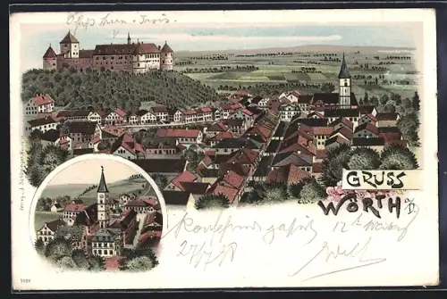 Lithographie Wörth a. D., Ortsansicht aus der Vogelschau