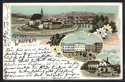 Lithographie Laufen / Salzach, Marktplatz, Kapuziner-Kloster, Gesamtansicht