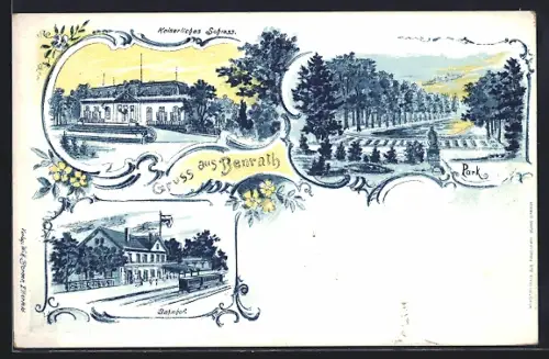 Lithographie Benrath, Bahnhof, Kaiserliches Schloss, Park