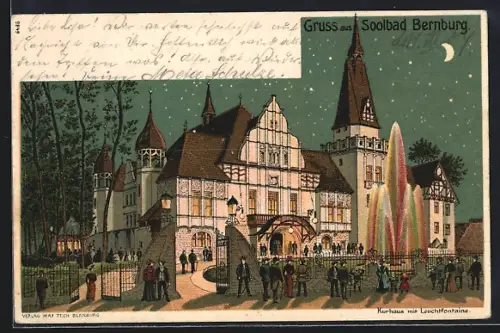 Lithographie Bad Bernburg, Kurhaus mit Leuchtfontaine