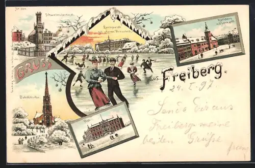 Winter-Lithographie Freiberg / Sachsen, Rathaus mit Obermarkt, Post, Jakobikirche