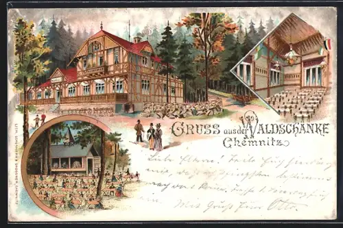 Lithographie Chemnitz, Waldschänke Innen- und Aussenansicht