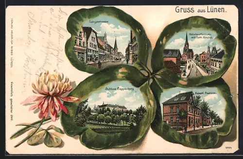 Passepartout-Lithographie Lünen, Langestrasse, Kaiserl. Postamt, Schloss Cappenberg, Kleeblatt