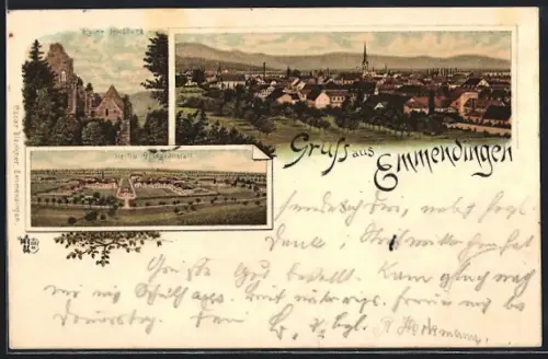 Lithographie Emmendingen, Heil- u. Pflegeanstalt, Ruine Hochburg, Ortsansicht