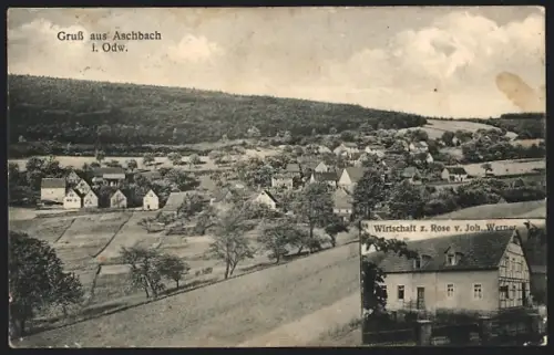 AK Aschbach i. Odw., Gasthaus z. Rose v. Joh. Werner, Ortspanorama