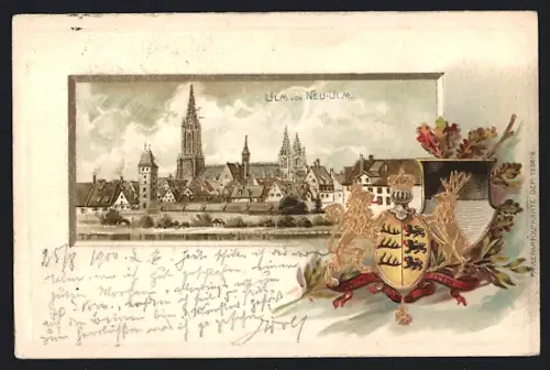 Passepartout-Lithographie Ulm / Donau, Ortsansicht, Wappen