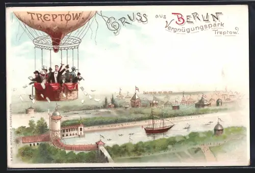 Lithographie Berlin, Ballon über dem Vergnügungspark Treptow