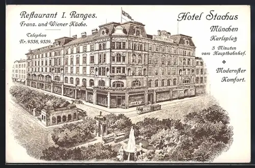 Künstler-AK München, Hotel Stachus mit Restaurant am Karlsplatz, Strassenbahn