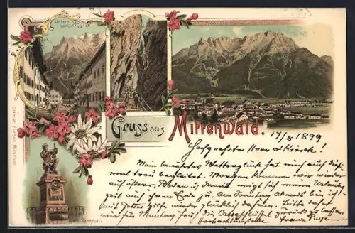 Lithographie Mittenwald, Klotz-Denkmal, Untermarkt, Leutaschklamm, Panorama