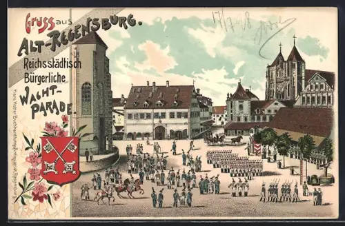 Lithographie Regensburg, Reichsstädtisch Bürgerliche Wachtparade, Stadtwappen