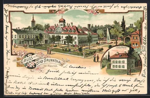 Lithographie München-Bogenhausen, Heilanstalt aus der Vogelschau, Hotel Villa Maria