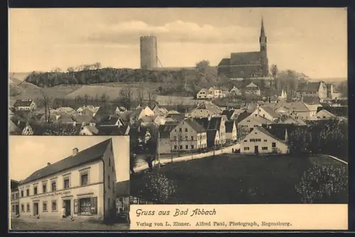 AK Bad Abbach, Konditorei und Handlung im Ort, Ortsansicht mit Kirche